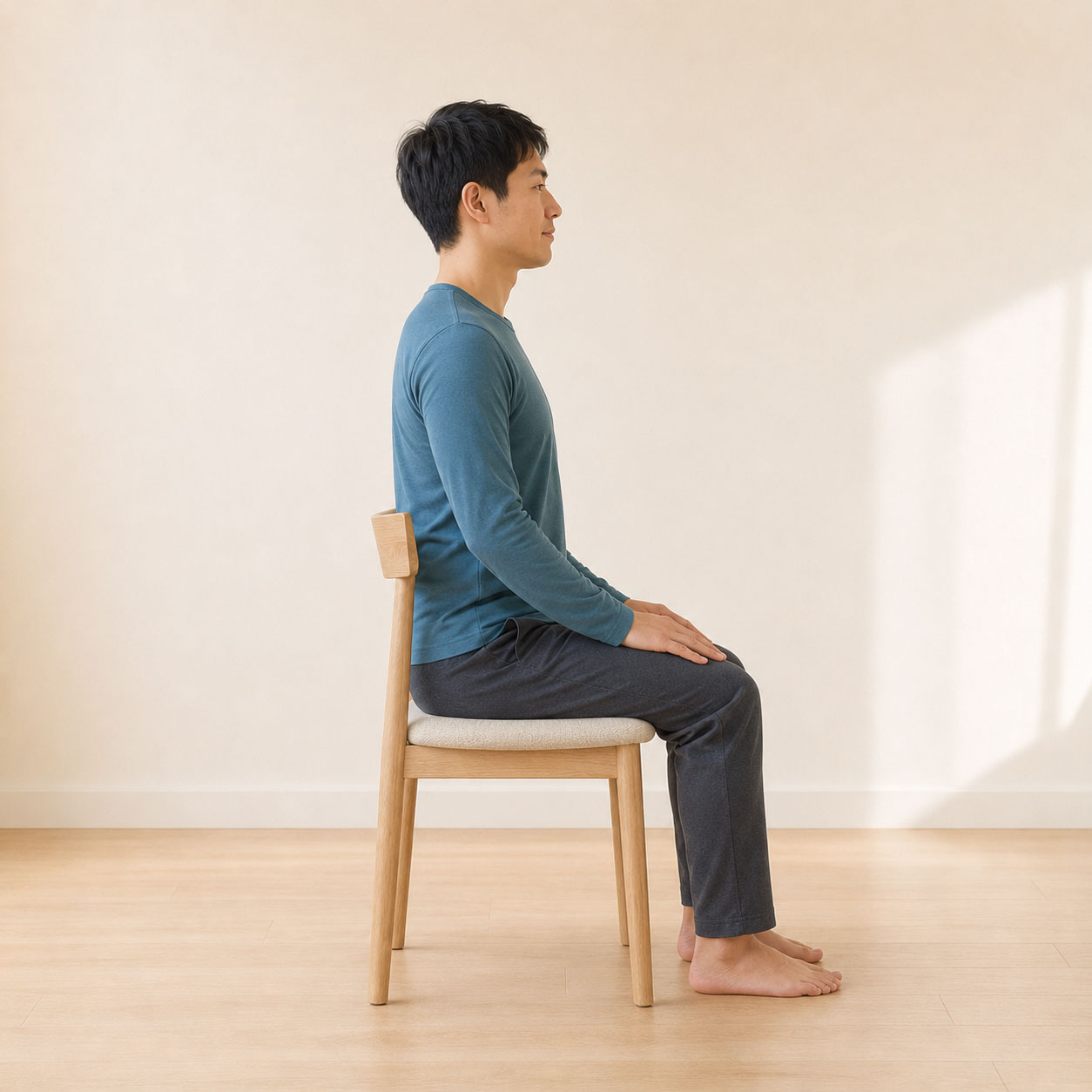 A person sitting upright in a chair, viewed from the right